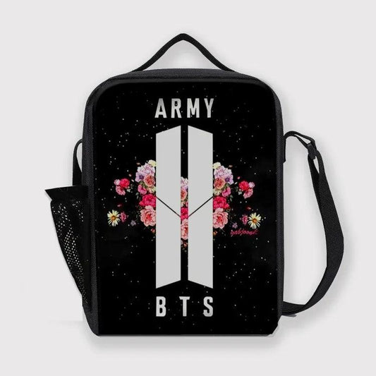 BTS Army Lunch Bag Floral Design with Bottle Partition - Kpop Store Pakistan