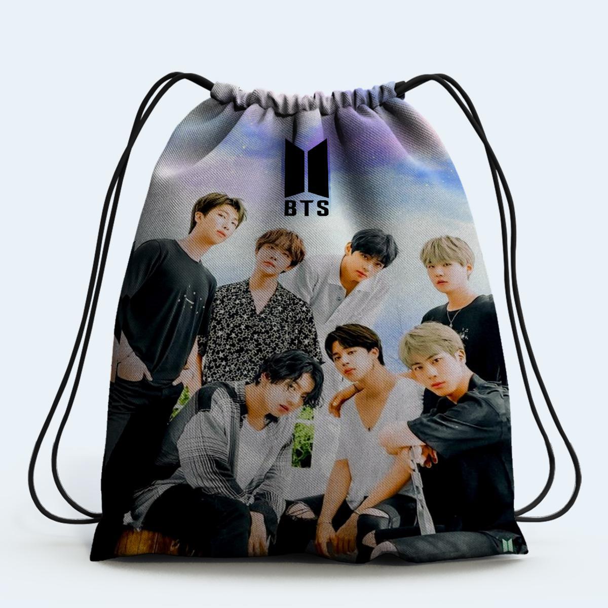 BTS Group Drawstring Bag design digitally printed on strong fabric - Kpop Store Pakistan