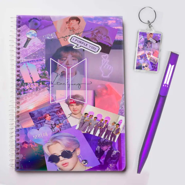 BTS NOTEBOOK,KEYCHAIN,PEN COOL I purple you DESIGN FOR ARMY (DEAL OF 3 ITEMS )