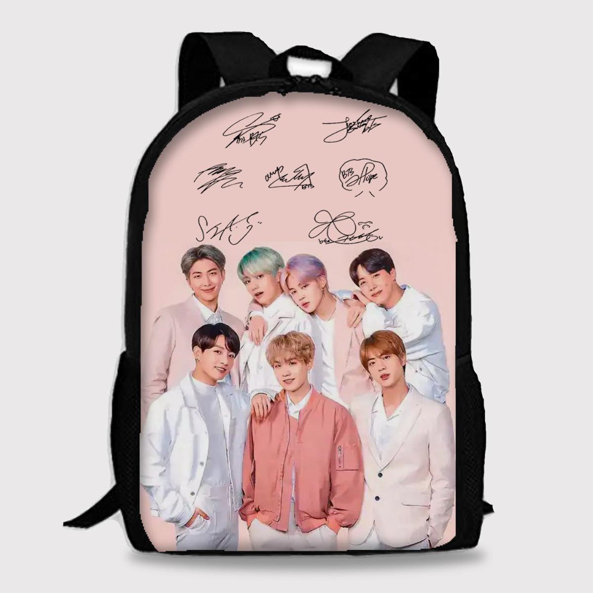 BTS Pastel Pink Backpack With Laptop Partition Digital Printed Designs - Kpop Store Pakistan